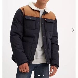 Levi's Men's Black and Brown Puffer Jacket with Sherpa Collar